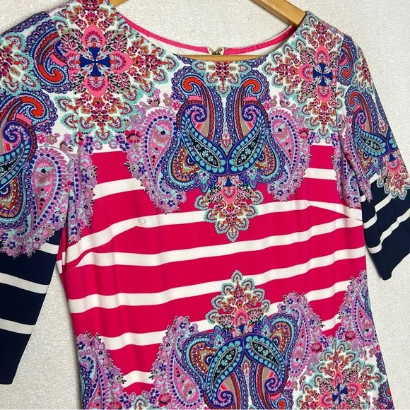 Eliza J Pink Multi Floral Paisley Strip Women’s Shift Knee Length Dress Size 4 - Picture 2 of 9
